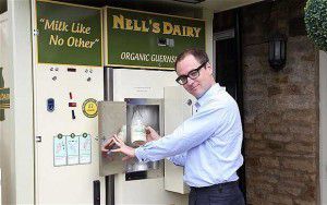 A British example of a milk vending machine.